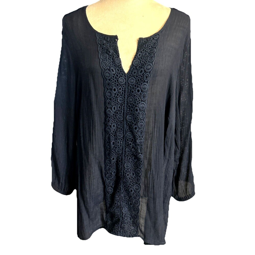 Carolyn Taylor Womans 1X Navy Crochet Crinkle V-Neck Tunic Long Sleeves Top